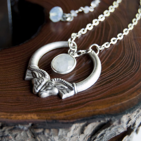 Heimdall Double Ram Head Moonstone Silver Necklace