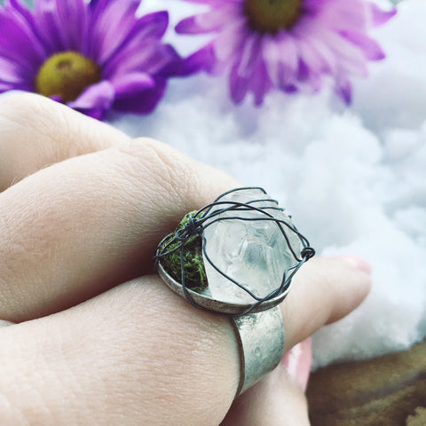 Raw Clear Quartz Adjustable Ring with Wire Wrapping