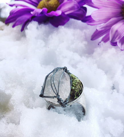 Raw Clear Quartz Adjustable Ring with Wire Wrapping