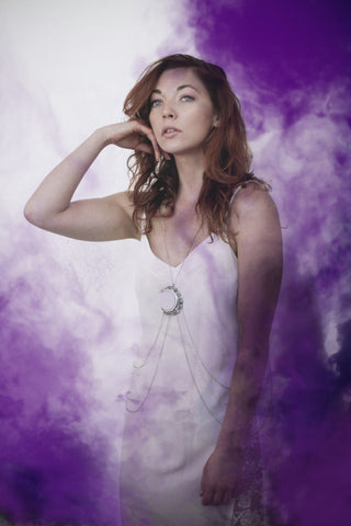 Luna Goddess Body Chain with Art Nouveau Crescent Moon and rainbow Moonstone Rosary Chains