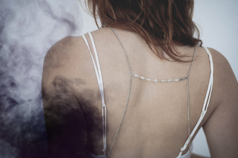 Luna Goddess Body Chain with Art Nouveau Crescent Moon and rainbow Moonstone Rosary Chains