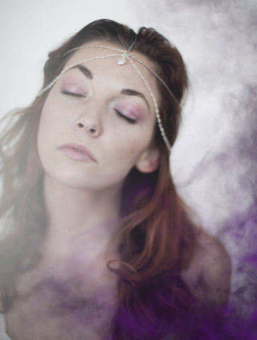 Luna Goddess Moonstone Head Chain with rainbow moonstone oval pendant, moonstone rosary chains