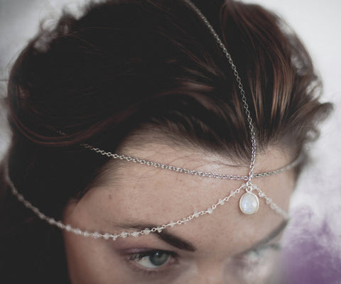 Luna Goddess Moonstone Head Chain with rainbow moonstone oval pendant, moonstone rosary chains
