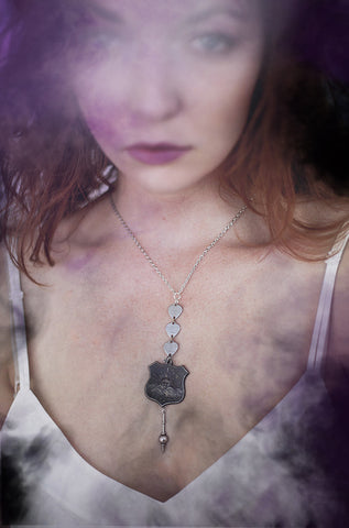 Silver Sun Shield Pythian Sisters Fraternal Ceremonial Medal with silver heart charms, spike on thin silver chain