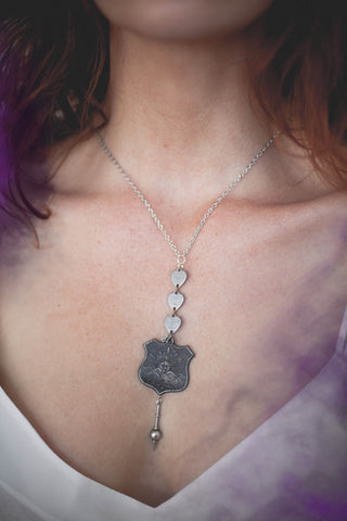 Silver Sun Shield Pythian Sisters Fraternal Ceremonial Medal with silver heart charms, spike on thin silver chain