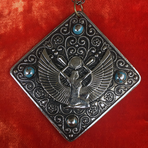 Isis Goddess Pendant Necklace with Scarab Beetle pendant on gun metal chain