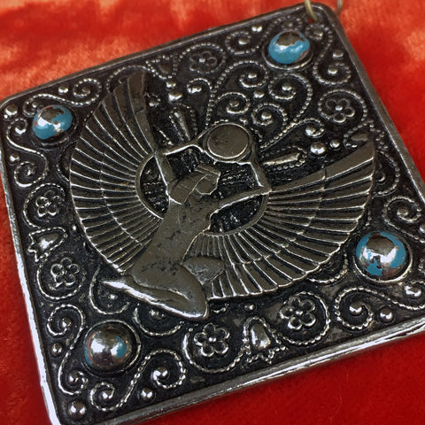 Isis Goddess Pendant Necklace with Scarab Beetle pendant on gun metal chain