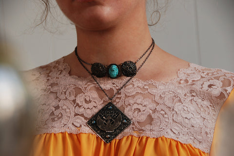Isis Goddess Pendant Necklace with Scarab Beetle pendant on gun metal chain