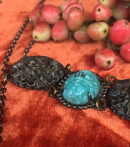 Isis Goddess Pendant Necklace with Scarab Beetle pendant on gun metal chain. Egyptian Revival Necklace.