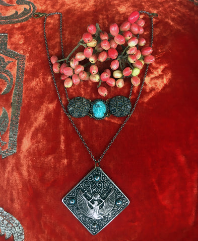 Isis Goddess Pendant Necklace with Scarab Beetle pendant on gun metal chain. Egyptian Revival Necklace.