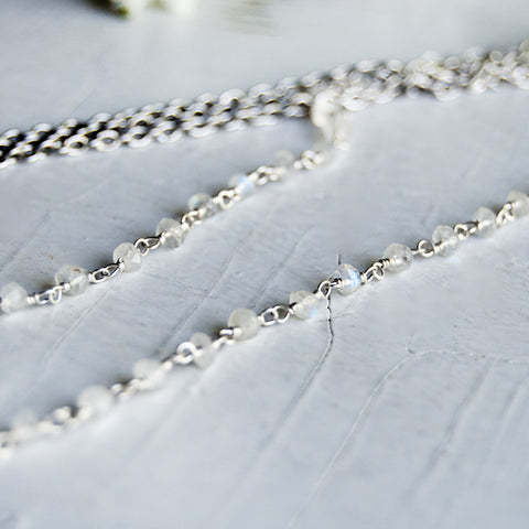 Luna Goddess Moonstone Head Chain with rainbow moonstone oval pendant, moonstone rosary chains