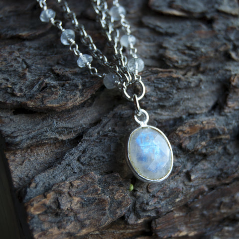 Luna Goddess Moonstone Head Chain with rainbow moonstone oval pendant, moonstone rosary chains