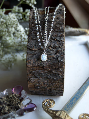 Luna Goddess Moonstone Head Chain with rainbow moonstone oval pendant, moonstone rosary chains