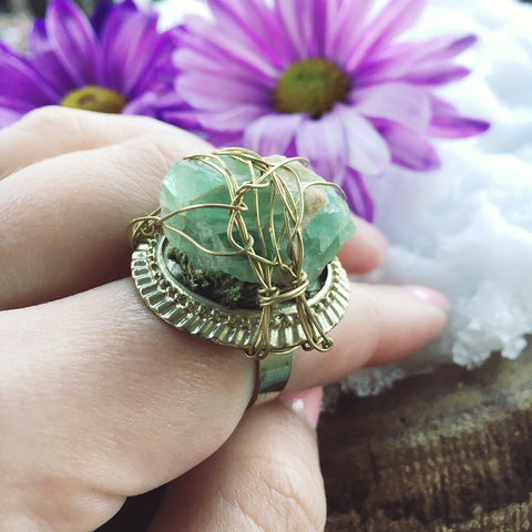 Large Green Fluorite Wrapped Adjustable Gold Ring