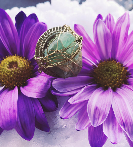 Large Green Fluorite Wrapped Adjustable Gold Ring