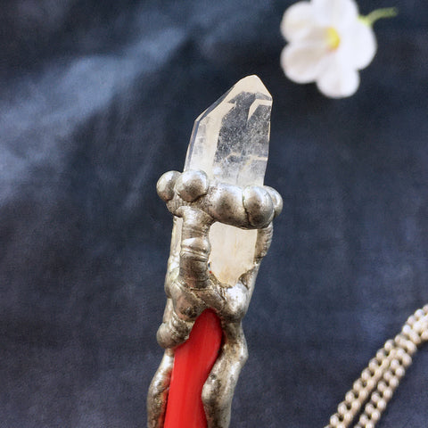 Quartz Crystal Wand Necklace with Bird Claw