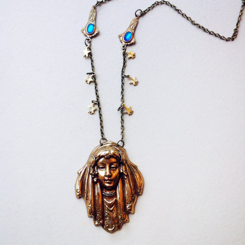 Fortune Teller Art Nouveau Lady Necklace with Gold Stars