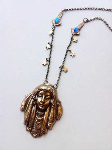 Fortune Teller Art Nouveau Lady Necklace with Gold Stars