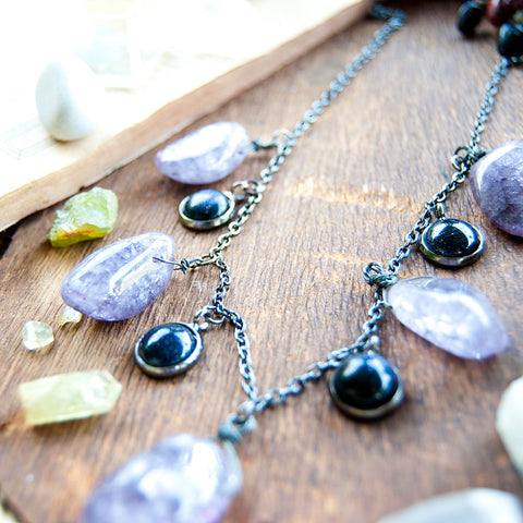 Purple Agate Necklace with Blue Goldstone on gun metal chain