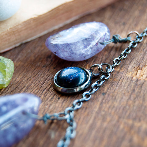 Purple Agate Necklace with Blue Goldstone on gun metal chain
