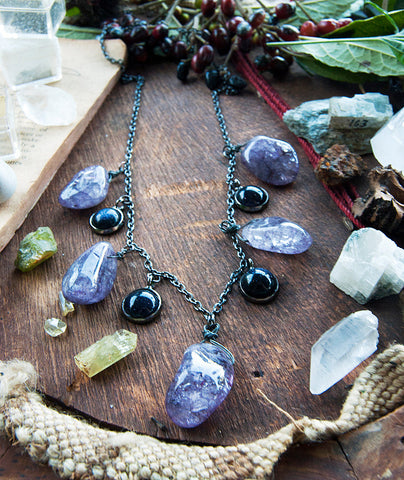 Purple Agate Necklace with Blue Goldstone on gun metal chain