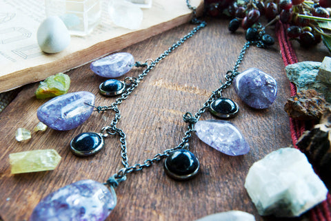 Purple Agate Necklace with Blue Goldstone on gun metal chain