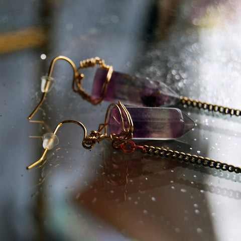 Rainbow Fluorite Points with dangling gold rhinestone stars on 14k gold plated earwires