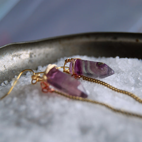 Rainbow Fluorite Points with dangling gold rhinestone stars on 14k gold plated earwires