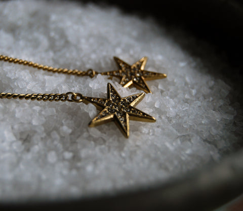 Rainbow Fluorite Points with dangling gold rhinestone stars on 14k gold plated earwires