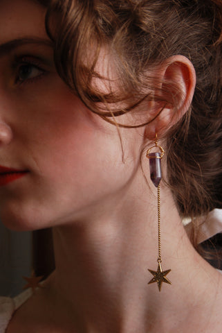 Rainbow Fluorite Points with dangling gold rhinestone stars on 14k gold plated earwires