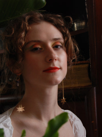 Rainbow Fluorite Points with dangling gold rhinestone stars on 14k gold plated earwires