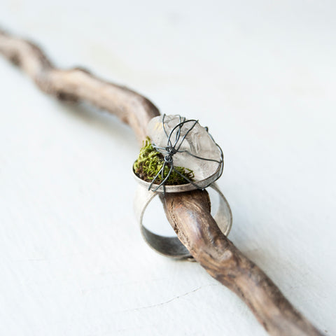 Raw Clear Quartz Adjustable Ring with Wire Wrapping