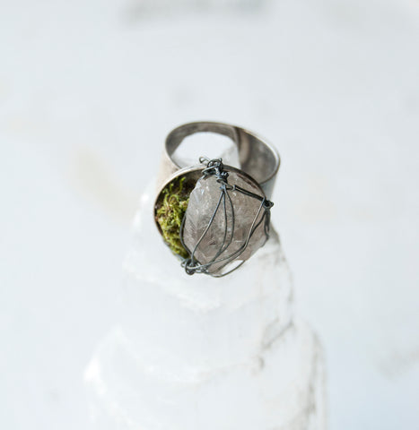 Raw Clear Quartz Adjustable Ring with Wire Wrapping