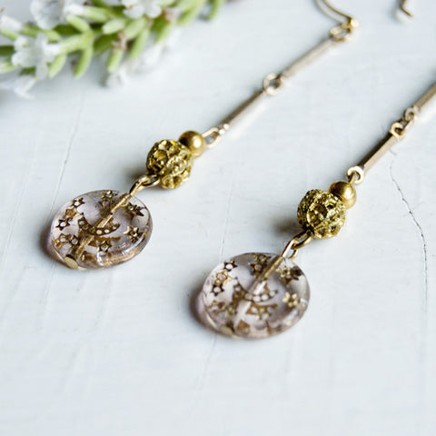 Moon and Star Vintage Filigree Gold Beaded Dangle Earrings