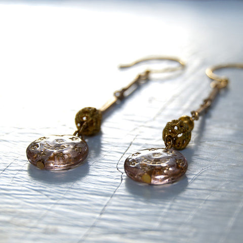 Moon and Star Vintage Filigree Gold Beaded Dangle Earrings