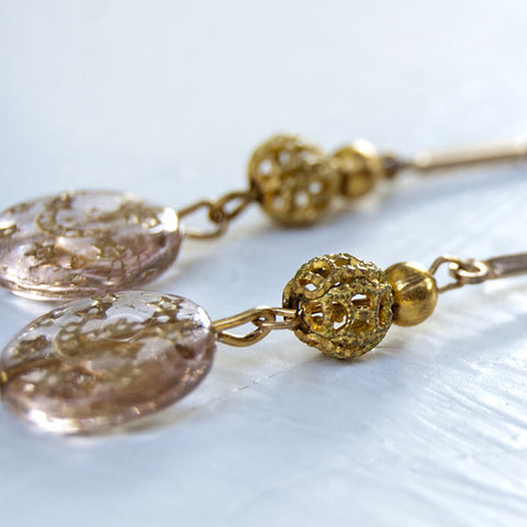 Moon and Star Vintage Filigree Gold Beaded Dangle Earrings
