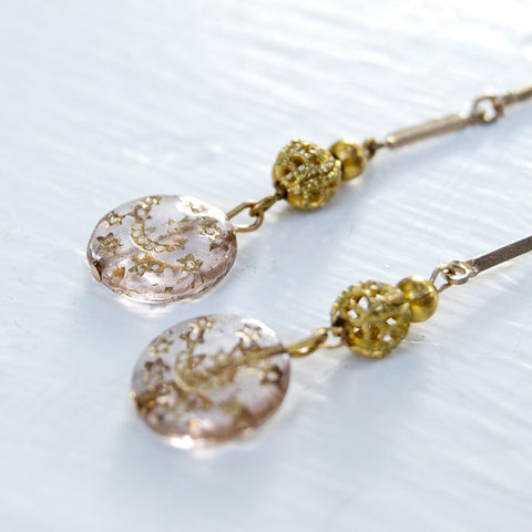 Moon and Star Vintage Filigree Gold Beaded Dangle Earrings