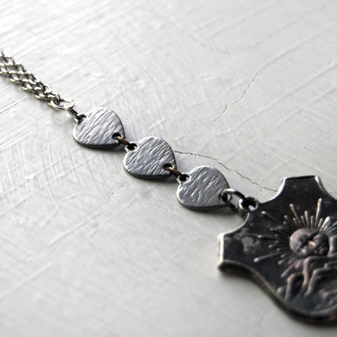 Silver Sun Shield Pythian Sisters Fraternal Ceremonial Medal with silver heart charms, spike on thin silver chain