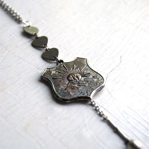 Silver Sun Shield Pythian Sisters Fraternal Ceremonial Medal with silver heart charms, spike on thin silver chain