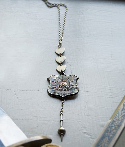 Silver Sun Shield Pythian Sisters Fraternal Ceremonial Medal with silver heart charms, spike on thin silver chain
