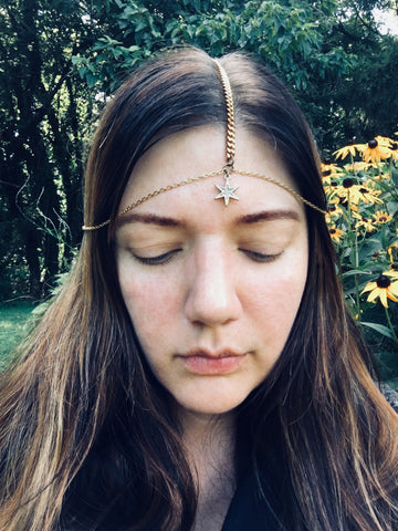 Goddess Head Chain. Bohemian Wedding Headpiece for Women Gold Star