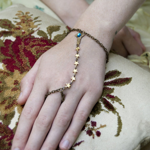 Star Gazer Hand Harness. Tiny Gold Star Bracelet. Celestial Jewelry with Blue, Lavender or Amethyst. 