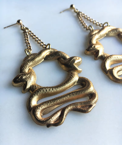 Raw brass chunky snake earrings. Gold plated posts. 