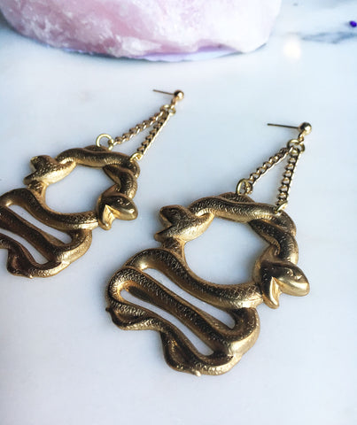 Raw brass chunky snake earrings. Gold plated posts. 