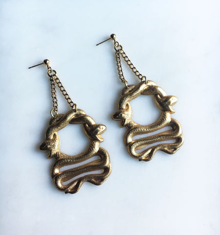 Raw brass chunky snake earrings. Gold plated posts. 