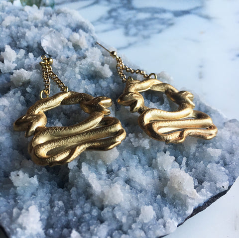 Raw brass chunky snake earrings. Gold plated posts. 