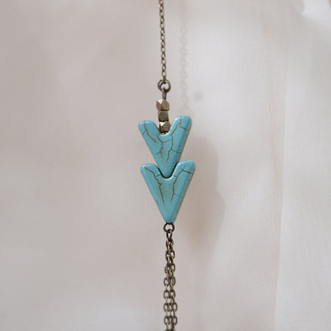 ChevronTurquoise Multi Chain Brass Necklace. Crackled arrow and pyrite beads.