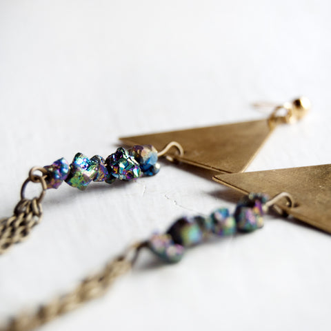 Triangels dangles earrings Geometric earrings Raw Rainbow Aura Quartz stones