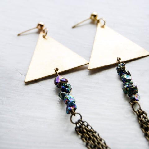 Triangels dangles earrings Geometric earrings Raw Rainbow Aura Quartz stones