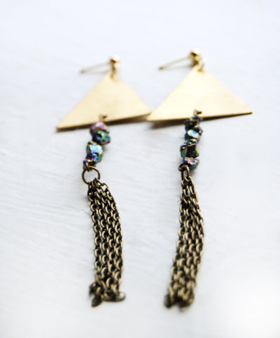 Triangels dangles earrings Geometric earrings Raw Rainbow Aura Quartz stones